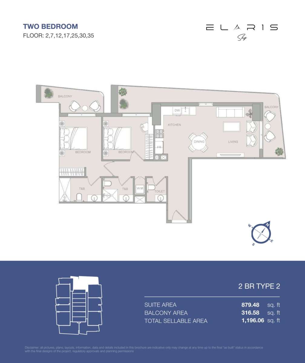 2BR-Type 2-Elaris Sky offers 2-bedroom apartments in JVT District 3, Jumeirah Village Triangle, Dubai.
